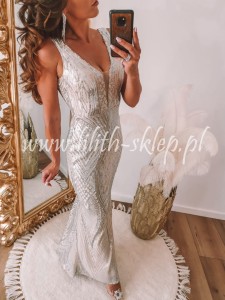 Andrea -beżowo-srebrna maxi z cekinami na szerokich ramiączkach 