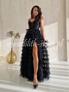 Jill -czarna sukienka tiulowa z falbanami i rozcięciem na nodze