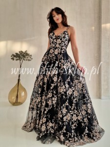 Penelope -czarna sukienka brokatowa z odkrytymi plecami i kieszeniami