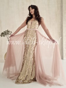 Azza -złota sukienka na szerokich ramiączkach z trenem 