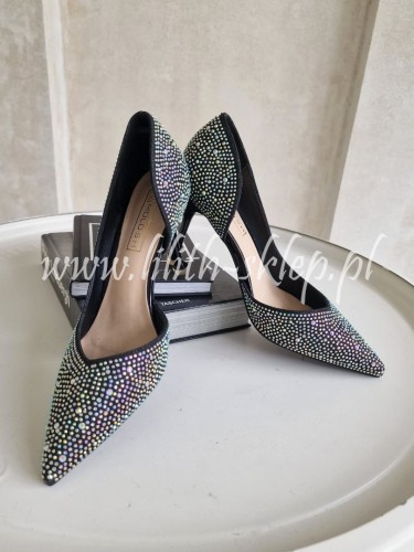 czarne szpilki asymetryczne z cyrkoniami