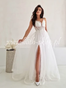 Fierra- biała sukienka rozkloszowana z haftowaną górą i tiulowym dołem