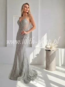 Alison- srebrna sukienka maxi z efektowną górą 