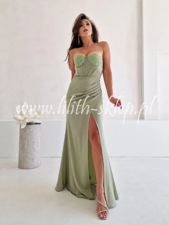pistacjowa sukienka maxi z ozdobnym gorsetem