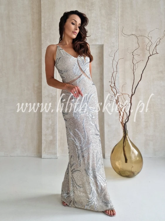 srebrna sukienka maxi cekinowa