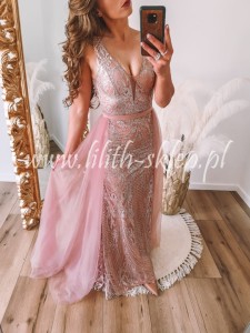 Sukienka maxi o kroju syrenki z trenem, brudny róż 