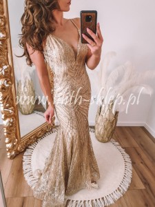 Złota syrenka z trenem na cienkich ramiączkach 