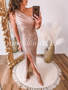 Tamaya -różowo-złota sukienka maxi na jedno ramię z koralikami