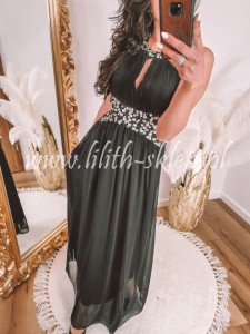 Czarna sukienka maxi z kamieniami i wycięciami w talii