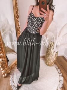 Czarna zwiewna sukienka maxi z kamieniami 