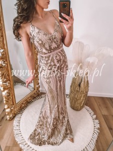 Adora -złota sukienka maxi  z cekinami na cienkich ramiączkach