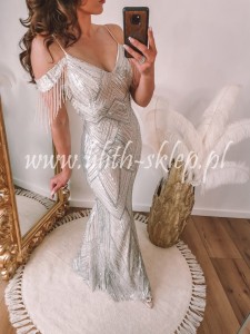 Indali- srebrna sukienka cekinowa z frędzlami na ramionach