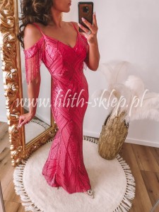 Indali- sukienka cekinowa z frędzlami na ramionach fuksja 