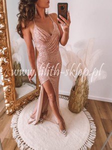 Cekinowa maxi z marszczeniami i odkrytymi plecami, złota 