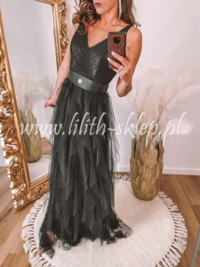 Candela -czarna sukienka maxi z efektownie zdobionym dołem