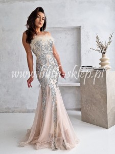 Anuri -beżowo-srebrna syrenka cekinowa z  piórkami i tiulowym dołem